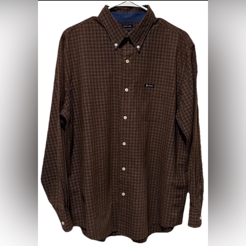 Chaps Brown Plaid Shirt, easy care, chest logo & pocket. Large. EUC